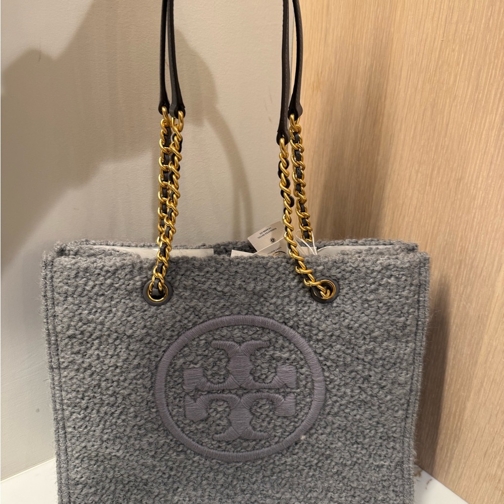 Tory Burch Ella Boucle Gray Wool Tote with Gold Chain